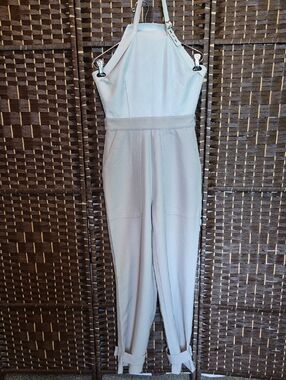 Maniere De Voir Pale Gray Halter Jumpsuit with Cuffed Ankles
